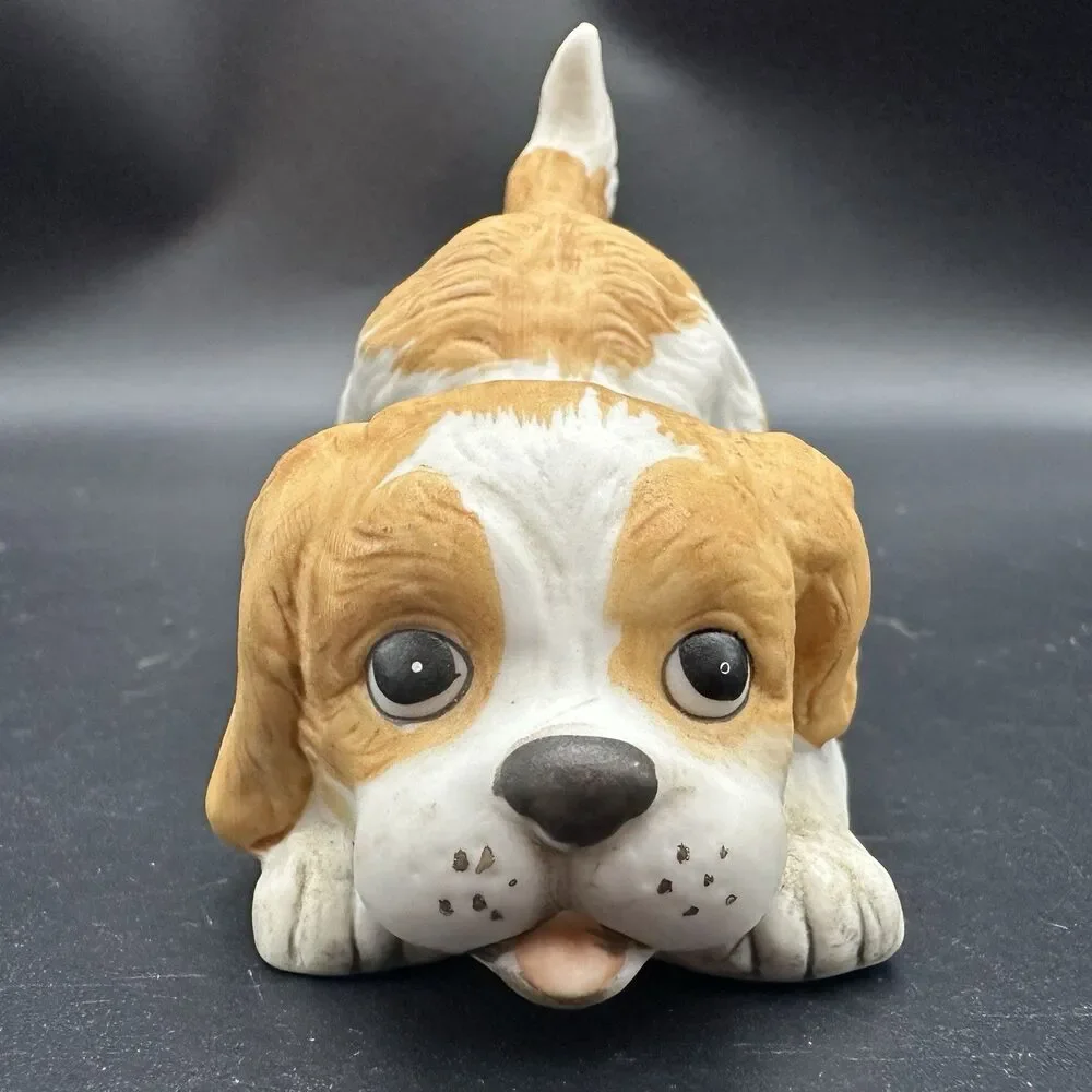Vintage Homco #1407 Puppy Dog Bisque Porcelain Buff White Cocker Spaniel 3.5”